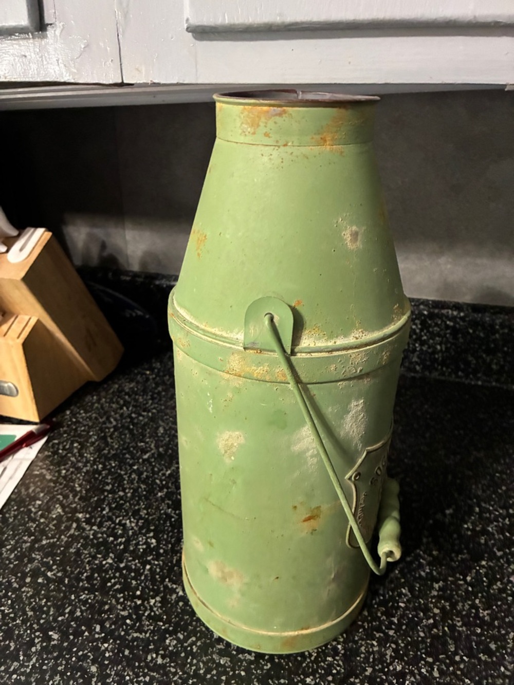 Vintage Green Metal Canister with Rustic French Emblem 13.5” x 5” - Picture 6 of 9